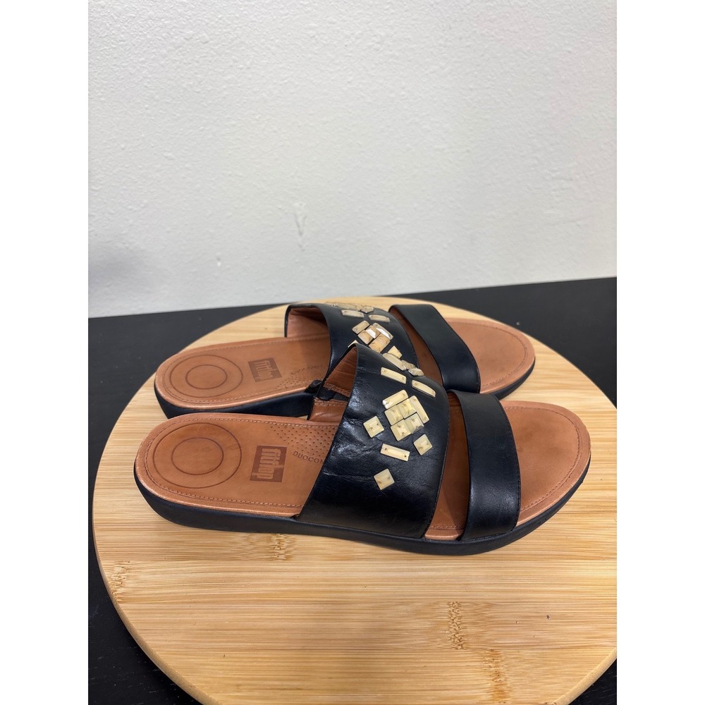 Fitflop Delta Black Leather Embellished Slide Sandals Comfort Casual‎ Shoes - Picture 3 of 12